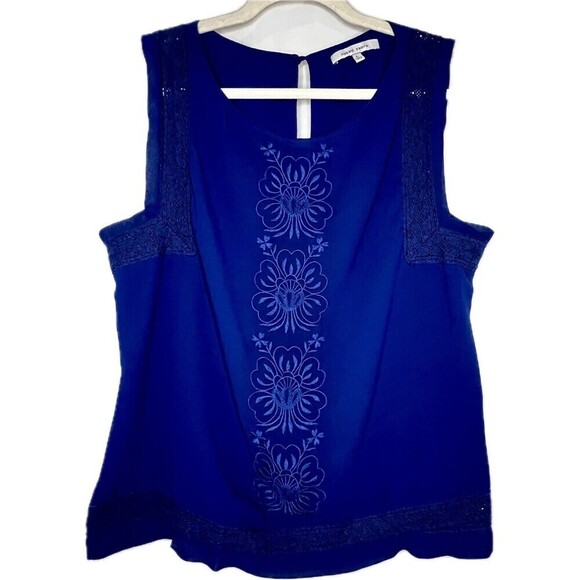 Naked Zebra Royal Blue Top W/ Embroidery & Lace Details, Key Hole Closure, Large - Picture 3 of 13
